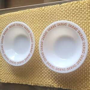2 vintage Monkey Dish Pyrex Corning Milk Glass copper filigree soup bowls 707